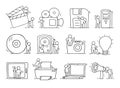 Electronic icons set of sketch working little people with computer, camera. Royalty Free Stock Photo