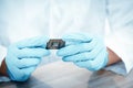 Electronic Lab Science and Manufacturing Computer Processor Concept, Engineer CPU Microchip Development Holding Circuit CPU for Royalty Free Stock Photo