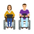 Electronic learning disability people man and woman in wheelchair. Invalid male and female with laptop and ebook