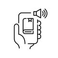 Electronic library with audiobooks. Listening from app on smartphone. Pixel perfect, editable stroke Royalty Free Stock Photo