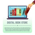 Electronic library, online documents, digital book store, books on computer screen vector education concept Royalty Free Stock Photo