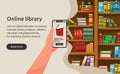 Electronic library store. Cellphone app. Smartphone technology for book reading. Digital bookshelf. Online literature