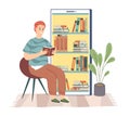 Electronic library. Young man sitting and reading digital book, bookshelf in smartphone, phone screen, online education