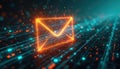 Electronic mail represented as glowing envelope over circuit board backdrop. Abstract tech concept conveys digital communication, Royalty Free Stock Photo