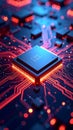 Electronic Microchip on Circuit Board Glowing with Red Light Technology and Information Concept Royalty Free Stock Photo