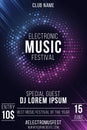 Electronic music festival. Party flyer. Stylish purple and blue glittering halftone banner. Glowing vibrant ring. Text decoration