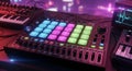 Electronic music production console with colorful buttons and waveform display on screen in a professional studio with purple and Royalty Free Stock Photo