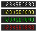 Electronic panel with digital numbers in white, green, red and yellow on black background. Scoreboard numeral signs. Timer digits Royalty Free Stock Photo