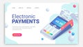 Electronic payments via credit card isometric web page concept with 3d payment machine, plastic debit card on trendy abstract