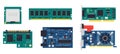 Electronic PCB. Electric circuit board with memory chip, conductor and semiconductor components. Vector microcontroller