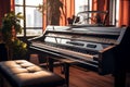 Electronic piano graces an interior room, blending into a soothing, blurred background. Royalty Free Stock Photo