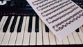 A piano keyboard with music sheet on it.