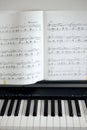 electronic piano keys and music sheets, black and white colors Royalty Free Stock Photo