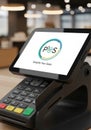 Electronic point-of-sale (POS) system featuring a touchscreen displaying a logo. The terminal has a Royalty Free Stock Photo