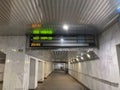 Electronic scoreboard train timetable on the platform. theme travel and transportation. Sign Kharkiv on scoreboard. KHARKIV,