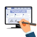 Electronic Signature Vector. Finance Digital Document. Electronic Contract. Computer. Businessman Hands. Flat