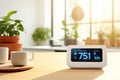 Electronic smart hygrometer featuring a clear digital display of air quality, temperature and humidity, enhancing smart home Royalty Free Stock Photo