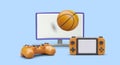 Electronic sports, computer games. Competition on screen. 3D monitor, basketball, gamepad, console