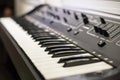 Electronic synthesizer piano keyboard close-up in the recording studio.