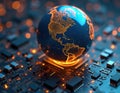 Electronic tech global business internet concept with digital globe. Computer circuit board, chips, motherboard microchip central Royalty Free Stock Photo