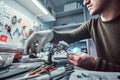 Electronic technician working in the repair shop Royalty Free Stock Photo