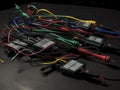 A set of electronic test leads used to measure voltage and current in circuits created with Generative AI