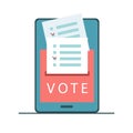 Electronic voting concept. Online electronic poll. Flat vector illustration with tablet screen, voting box and papper vote.