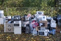 Electronic waste Awaiting recycling. A pile of garbage in nature. Green strategy recycling