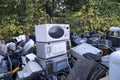 Electronic waste Awaiting recycling. A pile of garbage in nature. Green strategy recycling