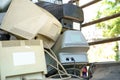 electronic waste stack together Monitor, Printer, desktop computer, fax for waiting to be recycled. Produced from plastic, copper