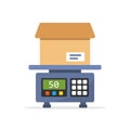 Electronic weight scale for cargo in flat style. Cardboard measuring vector illustration on isolated background. Equilibrium