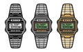 Electronic wrist watch vector set of objects in black, gold and chrome style isolated on white background Royalty Free Stock Photo