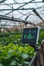 Electronically controlled greenhouse, board with AI text on screen. Artificial intelligence agriculture