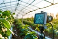 Electronically controlled greenhouse, board with AI text on screen. Artificial intelligence agriculture