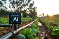 Electronically controlled greenhouse, board with AI text on screen. Artificial intelligence agriculture