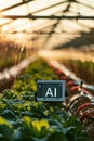 Electronically controlled greenhouse, board with AI text on screen. Artificial intelligence agriculture Royalty Free Stock Photo
