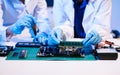 Electronics assembly and RAM installation with high-tech components. Ideal for showcasing advanced technology