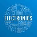 Electronics circle poster with flat line icons. Wifi internet connection technology signs. Computer, smartphone, laptop Royalty Free Stock Photo