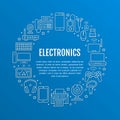 Electronics circle poster with flat line icons. Wifi internet connection technology signs. Computer, smartphone, laptop Royalty Free Stock Photo