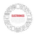 Electronics circle poster with flat line icons. Wifi internet connection technology signs. Computer, smartphone, laptop Royalty Free Stock Photo