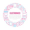 Electronics circle poster with flat line icons. Wifi internet connection technology signs. Computer, smartphone, laptop Royalty Free Stock Photo