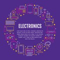 Electronics circle poster with flat line icons. Wifi internet connection technology signs. Computer, smartphone, laptop Royalty Free Stock Photo