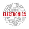 Electronics circle poster with flat line icons. Wifi internet connection technology signs. Computer, smartphone, laptop Royalty Free Stock Photo