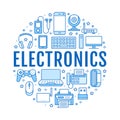 Electronics circle poster with flat line icons. Wifi internet connection technology signs. Computer, smartphone, laptop Royalty Free Stock Photo