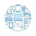 Electronics circle poster with flat line icons. Wifi internet connection technology signs. Smartphone, laptop, fax Royalty Free Stock Photo