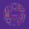 Electronics circle poster with flat line icons. Wifi internet connection technology signs. Smartphone, laptop, fax Royalty Free Stock Photo