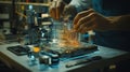 Electronics engineer designing futuristic microchip using augmented reality hologram interface