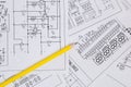 Electronics and Engineering. Pencil on printed drawings of elect Royalty Free Stock Photo