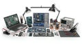 Electronics Engineering Workbench Setup with Laptop Motherboard Oscilloscope and Tools for Repair and Testing Detailed Royalty Free Stock Photo