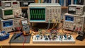 Electronics lab with oscilloscopes and circuit board testing Royalty Free Stock Photo